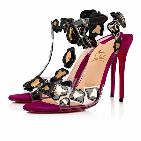 Christian Louboutin Parsemis 100 Black Gold PVC Patent Suede Sandal Heel Pump 36 - Picture 1 of 12